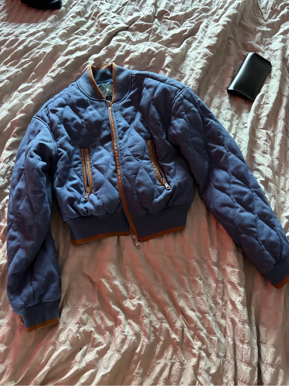 7 For All Mankind Quilted Blue Bomber Jacket with Tan Contrast